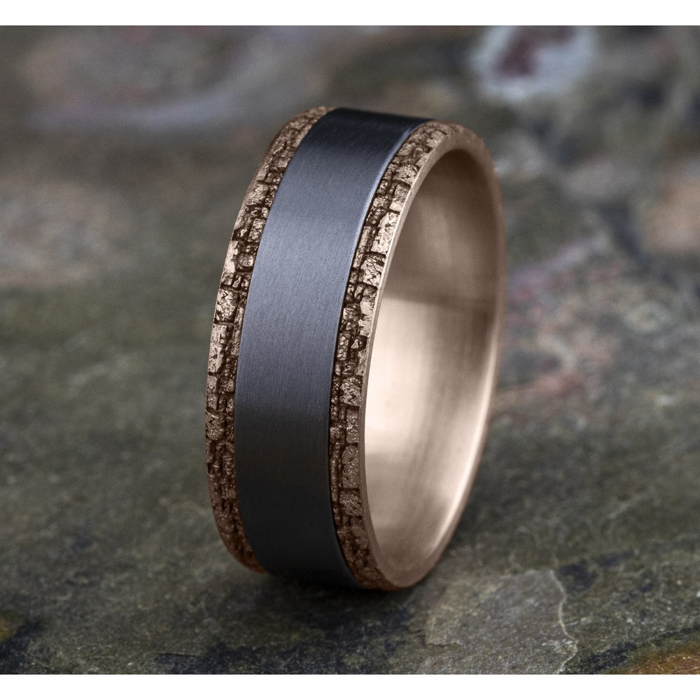 The Hadrian Men's Wedding Band in 14K Rose Gold and Grey Tantalum - 8mm Width by Ammara Stone