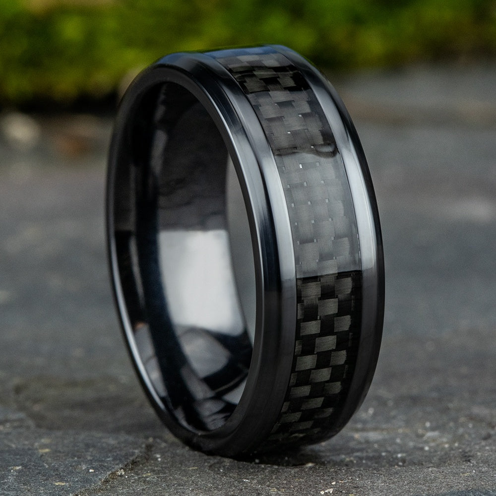 The Hamilton Men's Wedding Band in Black Cobalt and Black Carbon Fiber - 8mm Width by Forge
