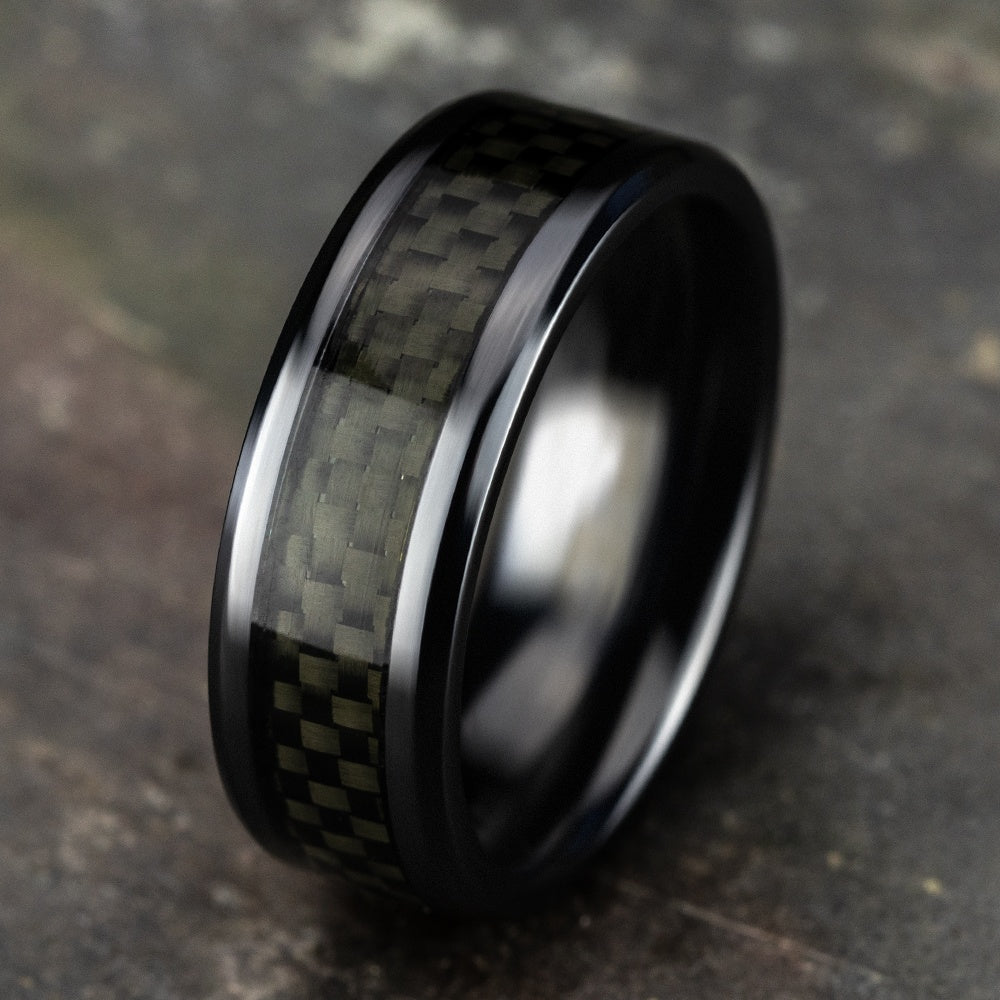 The Hamilton Men's Wedding Band in Black Titanium and Black Carbon Fiber - 8mm Width by Forge