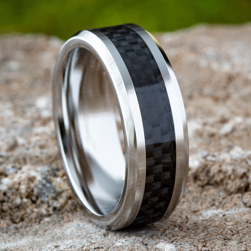 The Hamilton Men's Wedding Band in White Cobalt and Black Carbon Fiber - 8mm Width by Forge