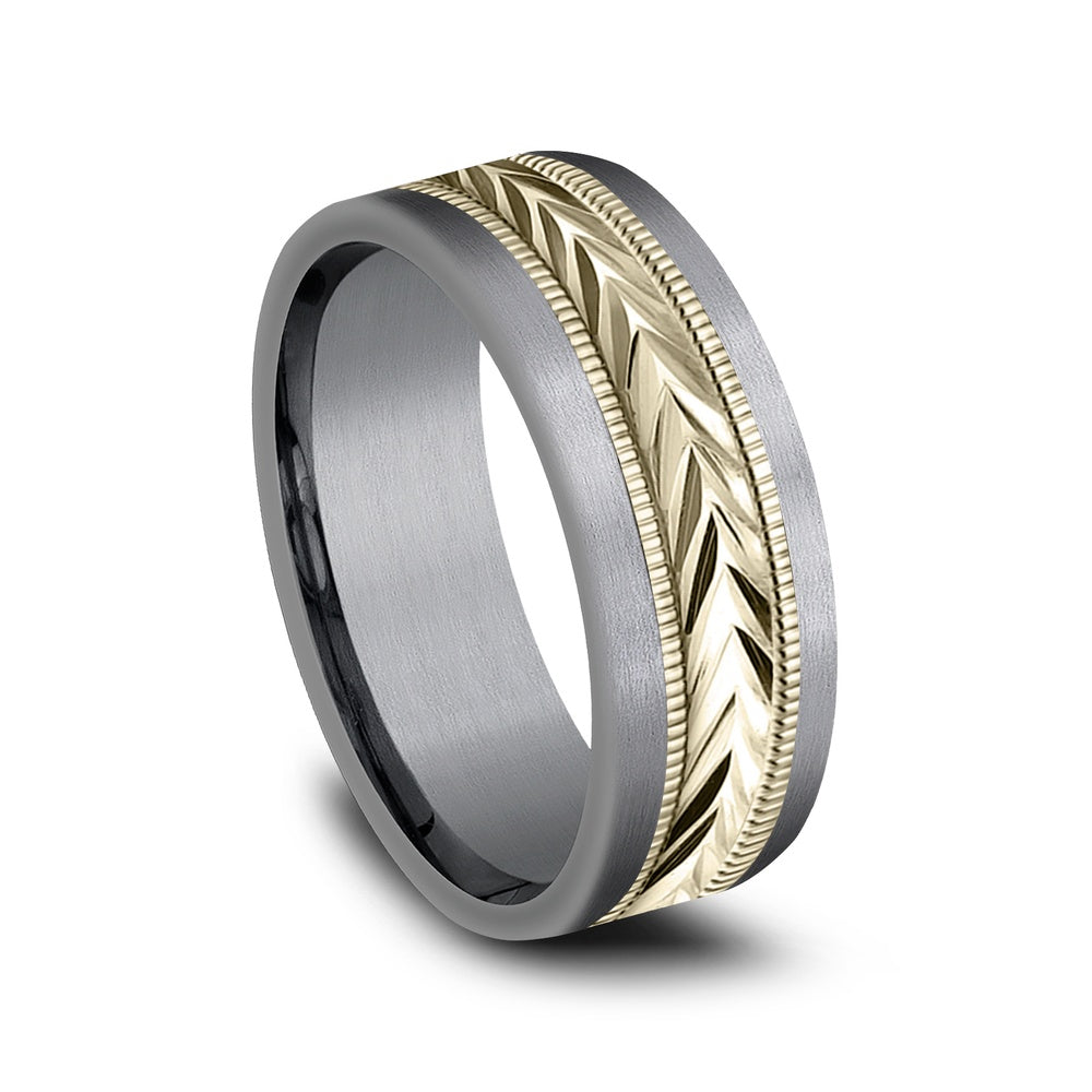 The Harvest Men's Wedding Band in Grey Tantalum and 14K Yellow Gold - 8mm Width by Ammara Stone