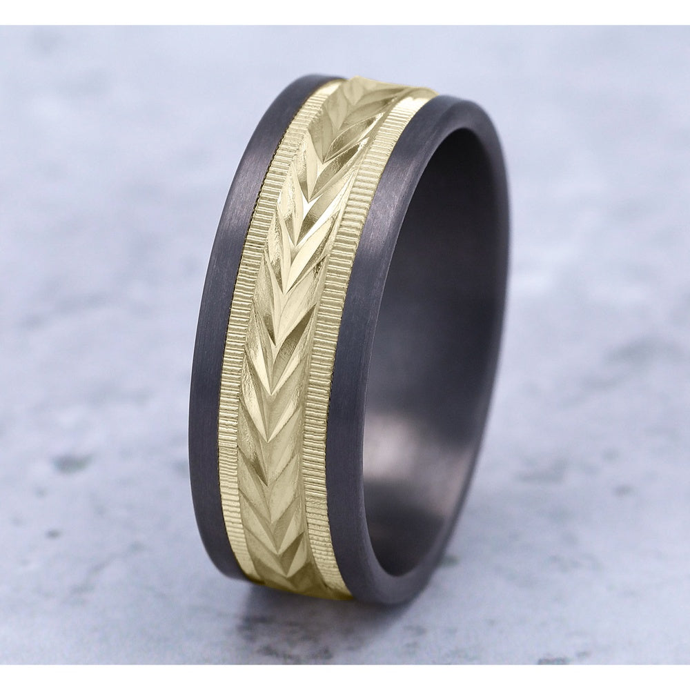 The Harvest Men's Wedding Band in Grey Tantalum and 14K Yellow Gold - 8mm Width by Ammara Stone