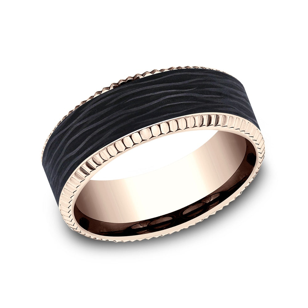 The Havoc Men's Wedding Band in 14K Rose Gold and Forged Carbon Fiber - 8mm Width by Ammara Stone