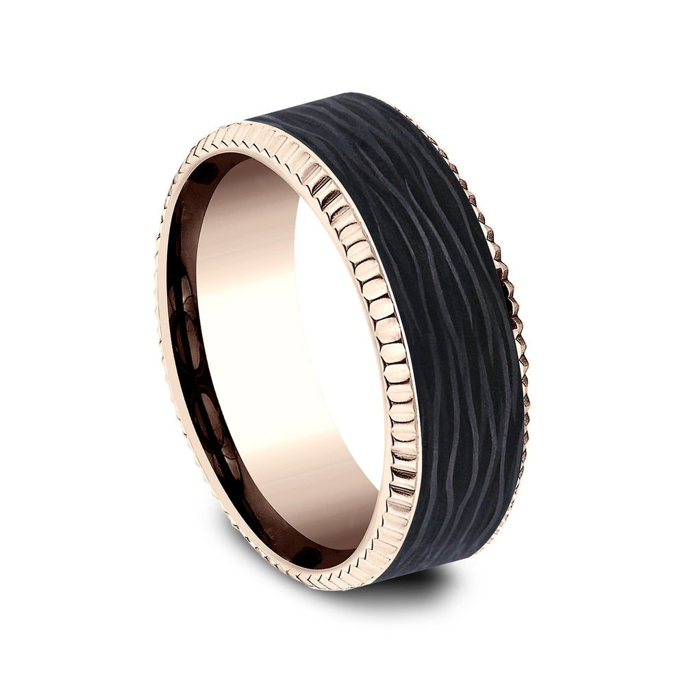 The Havoc Men's Wedding Band in 14K Rose Gold and Forged Carbon Fiber - 8mm Width by Ammara Stone