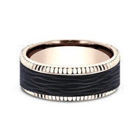 The Havoc Men's Wedding Band in 14K Rose Gold and Forged Carbon Fiber - 8mm Width by Ammara Stone