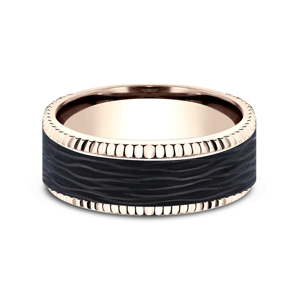 The Havoc Men's Wedding Band in 14K Rose Gold and Forged Carbon Fiber - 8mm Width by Ammara Stone
