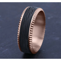 The Havoc Men's Wedding Band in 14K Rose Gold and Forged Carbon Fiber - 8mm Width by Ammara Stone