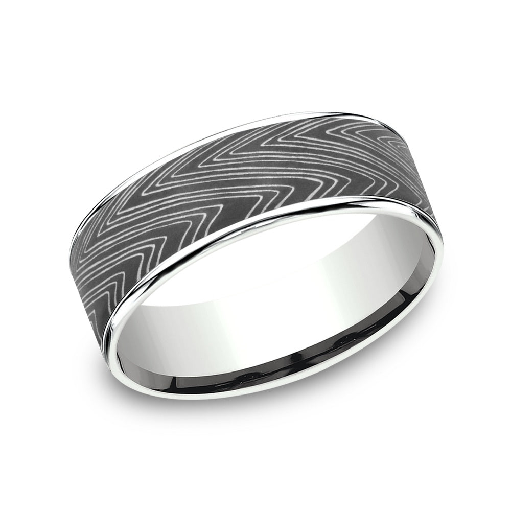 The Herringbone Men's Wedding Band in 14K White Gold and Darkened Tantalum - 7.5mm Width by Ammara Stone