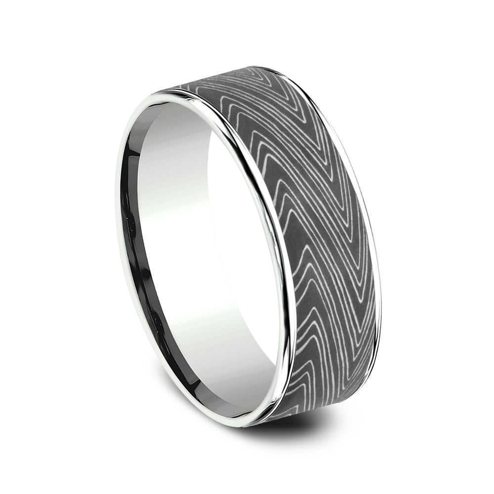 The Herringbone Men's Wedding Band in 14K White Gold and Darkened Tantalum - 7.5mm Width by Ammara Stone