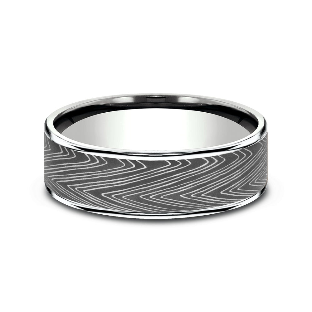 The Herringbone Men's Wedding Band in 14K White Gold and Darkened Tantalum - 7.5mm Width by Ammara Stone