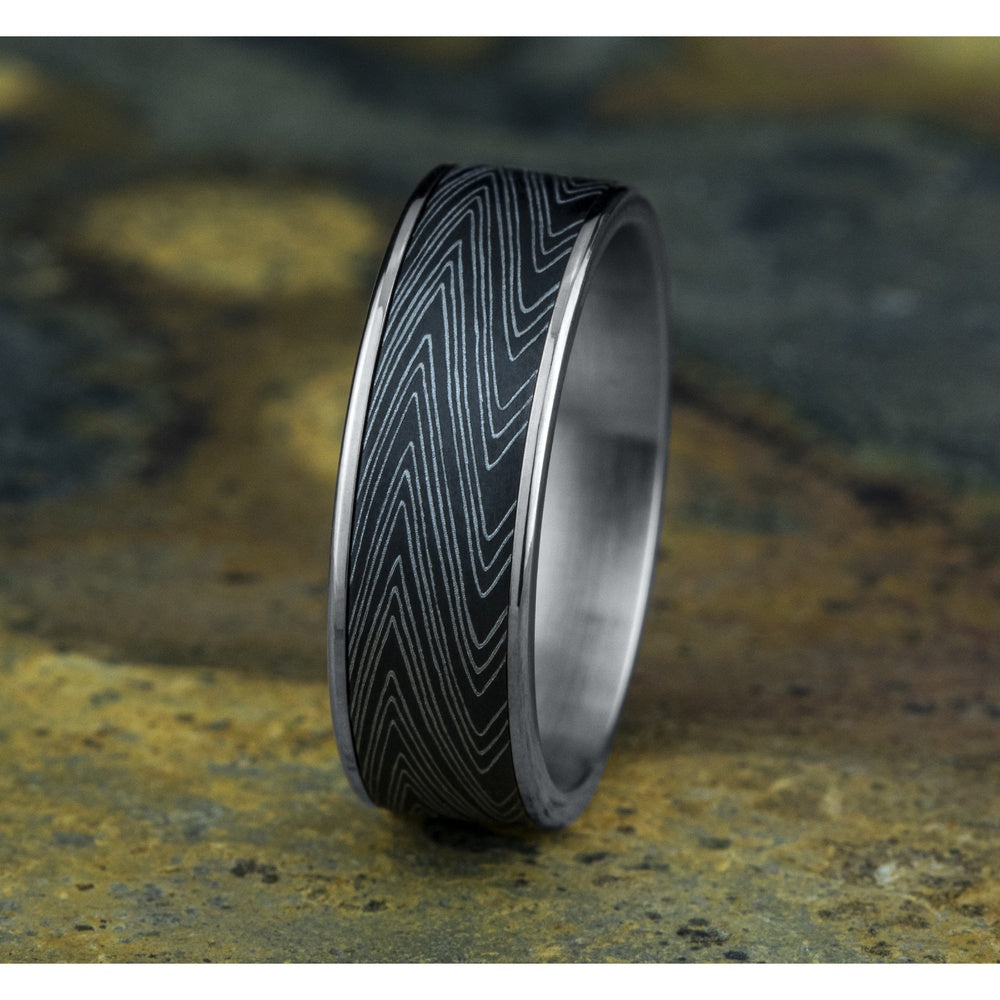The Herringbone Men's Wedding Band in 14K White Gold and Darkened Tantalum - 7.5mm Width by Ammara Stone