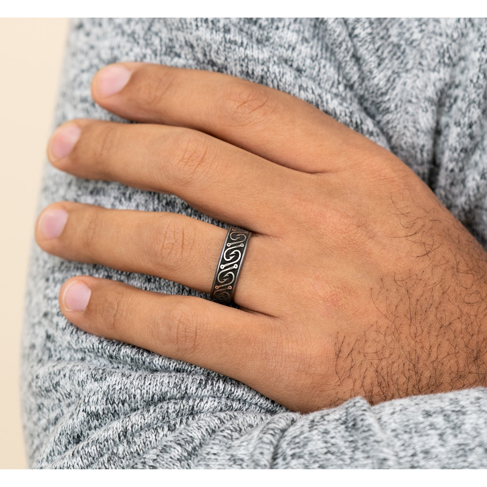 The Hook Men's Wedding Band in Grey Tantalum and Grey/Black Titanium - 7.5mm Width by Brook and Branch