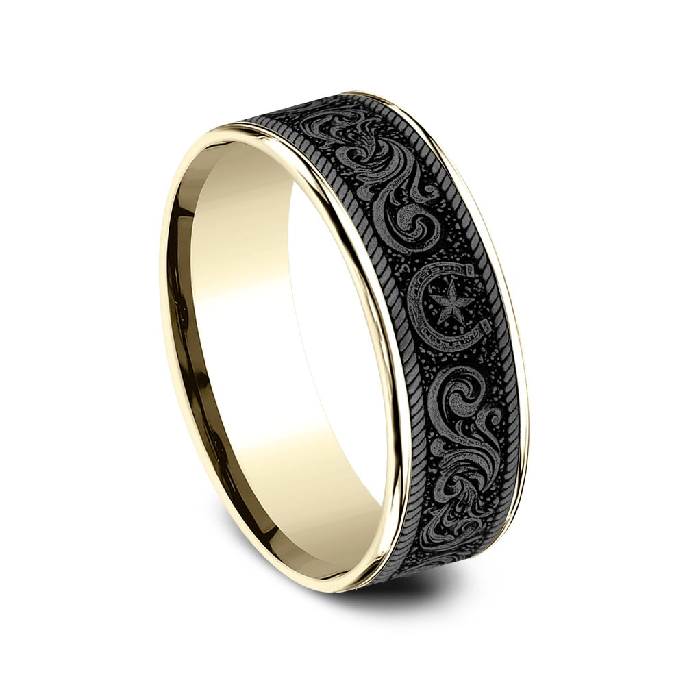 The Horseshoe Script Men's Wedding Band in 14K Yellow Gold and Grey Tantalum - 7.5mm Width by Brook and Branch