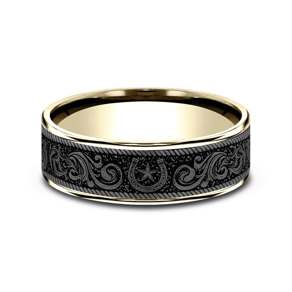The Horseshoe Script Men's Wedding Band in 14K Yellow Gold and Grey Tantalum - 7.5mm Width by Brook and Branch