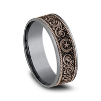 The Horseshoe Script Men's Wedding Band in Grey Tantalum and 14K Rose Gold - 7.5mm Width by Brook and Branch