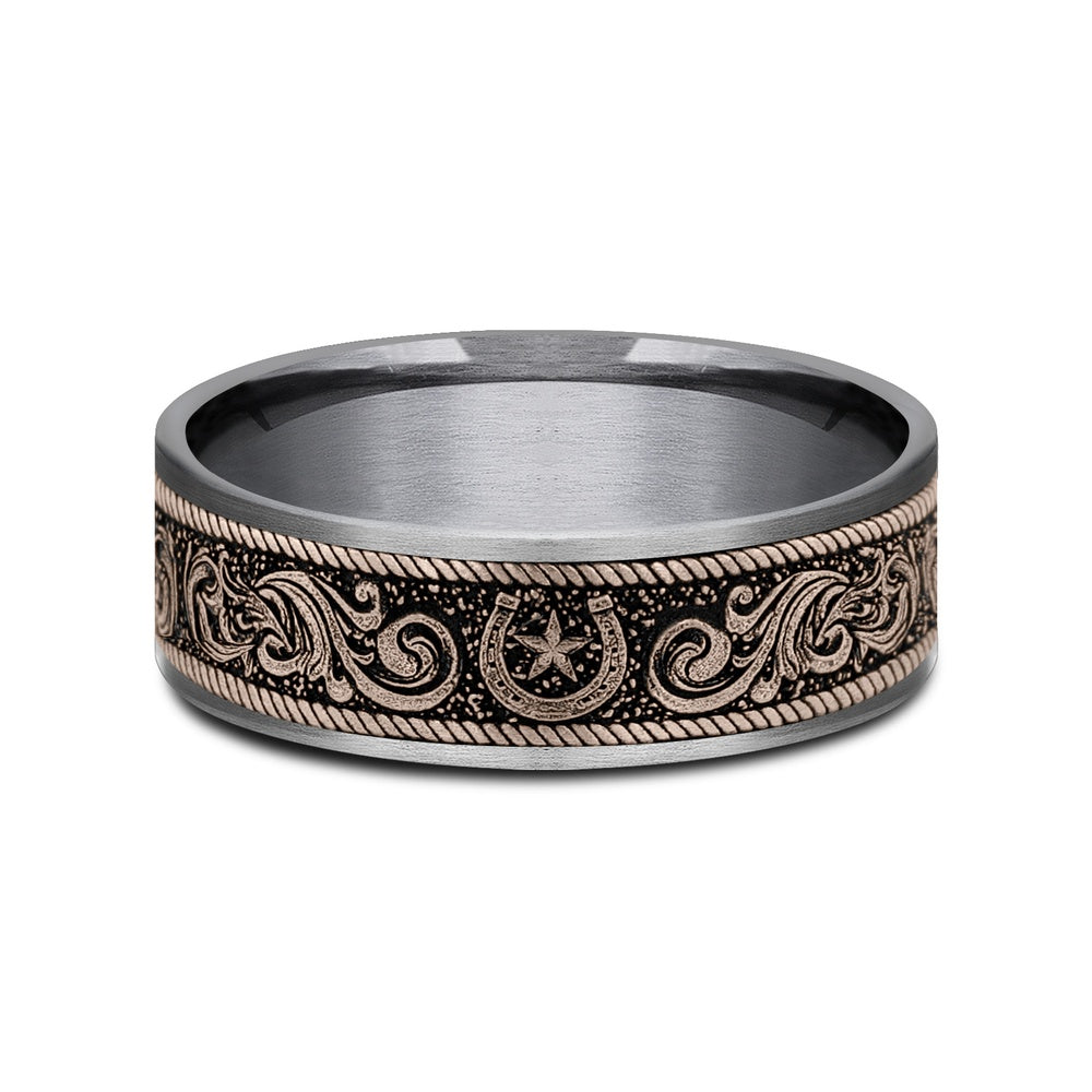 The Horseshoe Script Men's Wedding Band in Grey Tantalum and 14K Rose Gold - 7.5mm Width by Brook and Branch