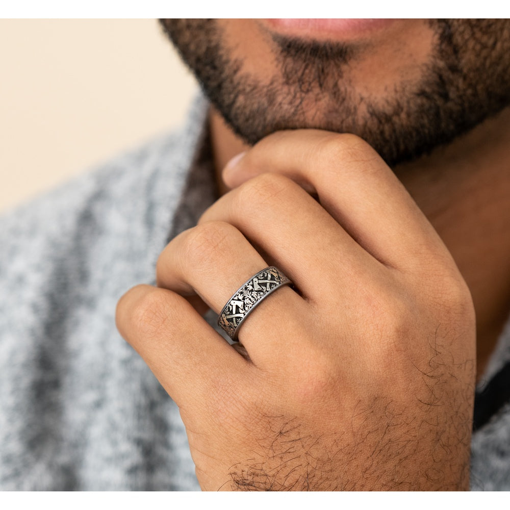 The Hotshot Men's Wedding Band in Grey Tantalum and Grey/Black Titanium - 7.5mm Width by Brook and Branch