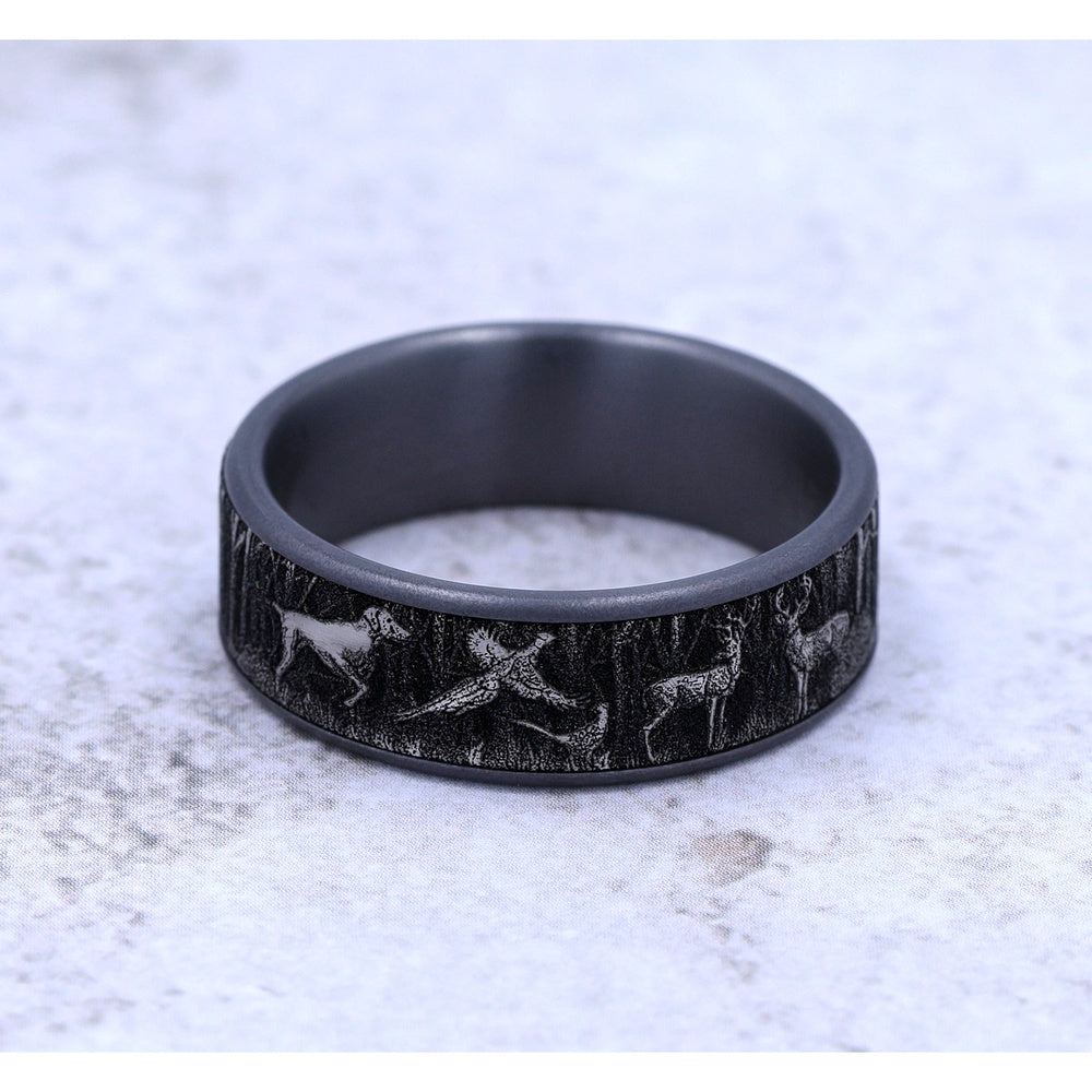 The Huntsman Men's Wedding Band in Grey Tantalum and Grey/Black Titanium - 7.5mm Width by Brook and Branch