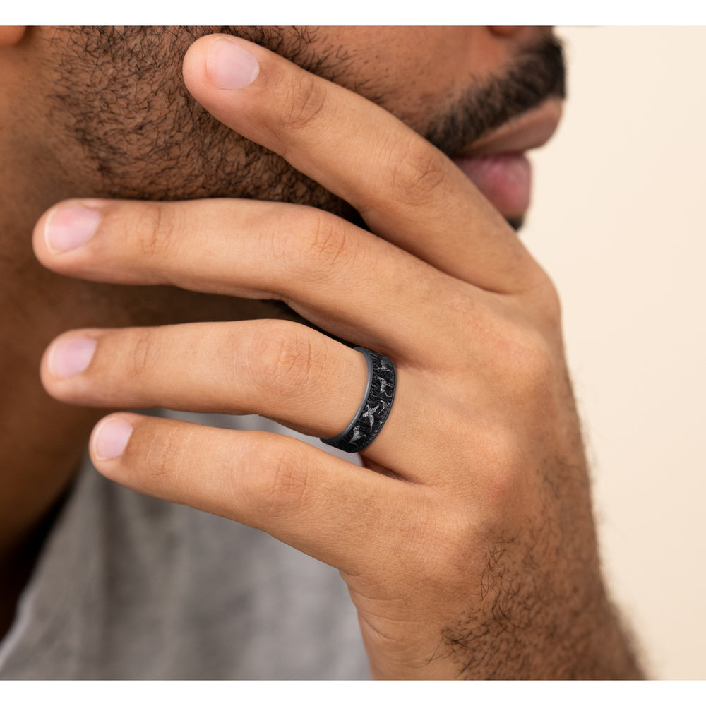 The Huntsman Men's Wedding Band in Grey Tantalum and Grey/Black Titanium - 7.5mm Width by Brook and Branch