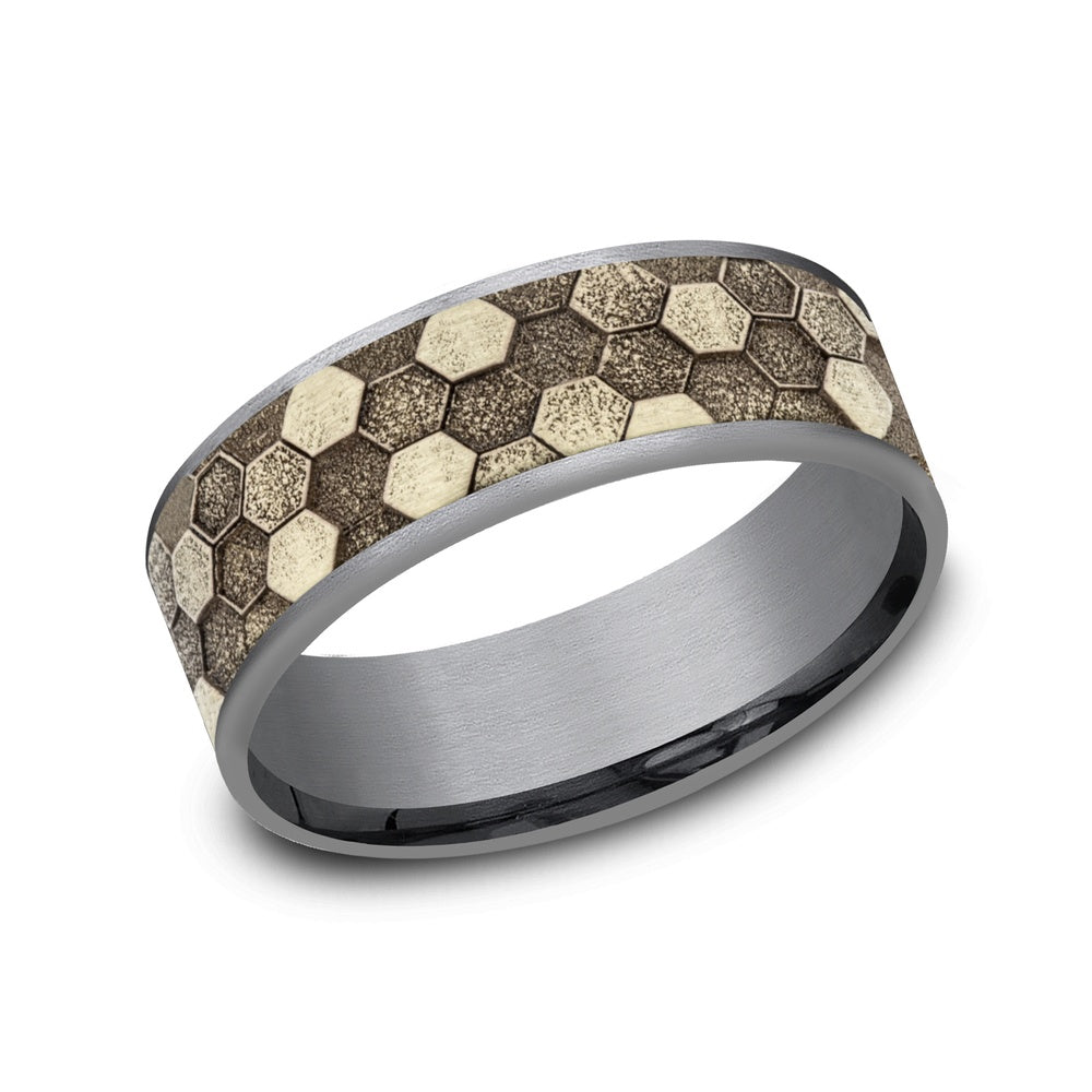 The Keeper Men's Wedding Band in Grey Tantalum and 14K Yellow Gold - 7.5mm Width by Ammara Stone