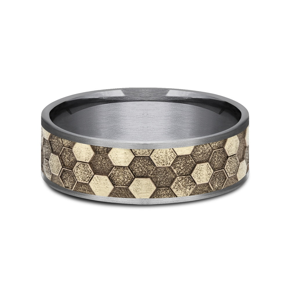 The Keeper Men's Wedding Band in Grey Tantalum and 14K Yellow Gold - 7.5mm Width by Ammara Stone