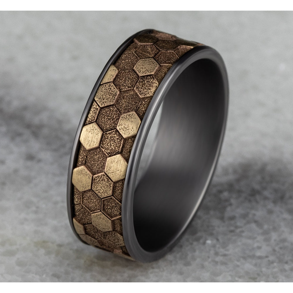The Keeper Men's Wedding Band in Grey Tantalum and 14K Yellow Gold - 7.5mm Width by Ammara Stone