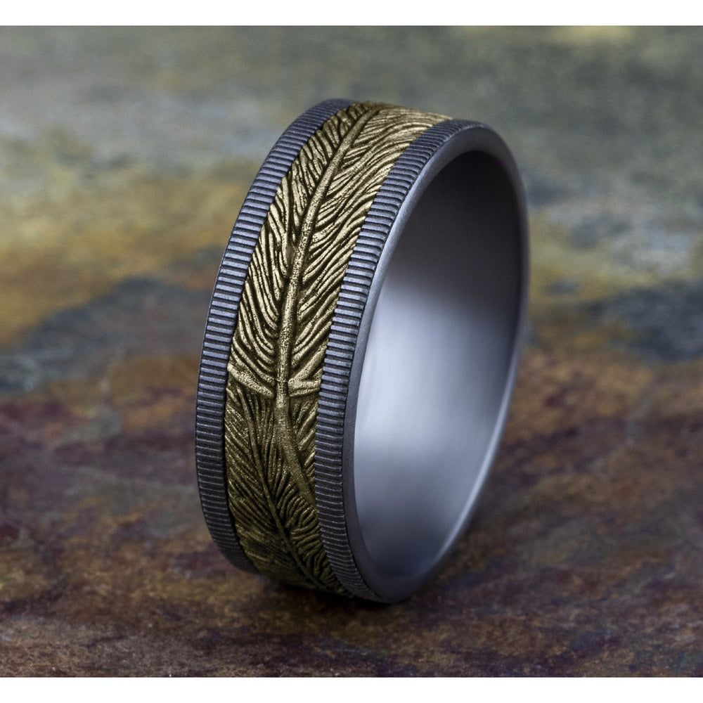 The Kestrel Men's Wedding Band in Grey Tantalum and 14K Yellow Gold - 8mm Width by Ammara Stone