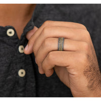The Kestrel Men's Wedding Band in Grey Tantalum and 14K Yellow Gold - 8mm Width by Ammara Stone