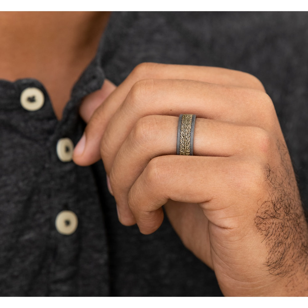 The Kestrel Men's Wedding Band in Grey Tantalum and 14K Yellow Gold - 8mm Width by Ammara Stone