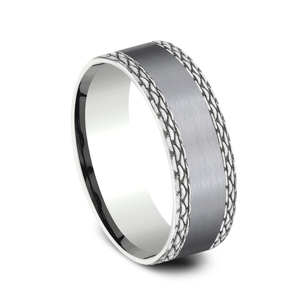 The Link Men's Wedding Band in Grey Tantalum and 14K White Gold - 7mm Width by Ammara Stone