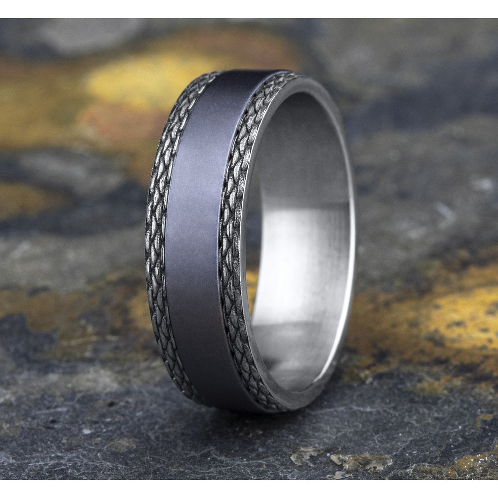 The Link Men's Wedding Band in Grey Tantalum and 14K White Gold - 7mm Width by Ammara Stone