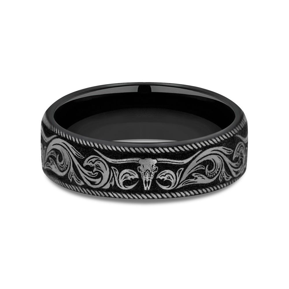 The Longhorn Men's Wedding Band in Grey-Black Titanium - 6.5mm Width by Brook and Branch
