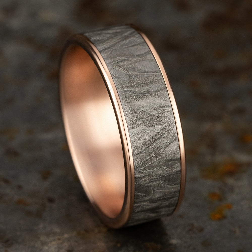 The Loom Men's Wedding Band in 14K Rose Gold and Grey Tantalum - 7.5mm Width by Ammara Stone
