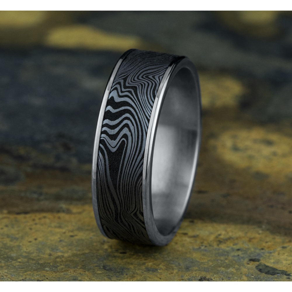 The Marble Men's Wedding Band in 14K White Gold and Grey Tantalum - 7.5mm Width by Ammara Stone