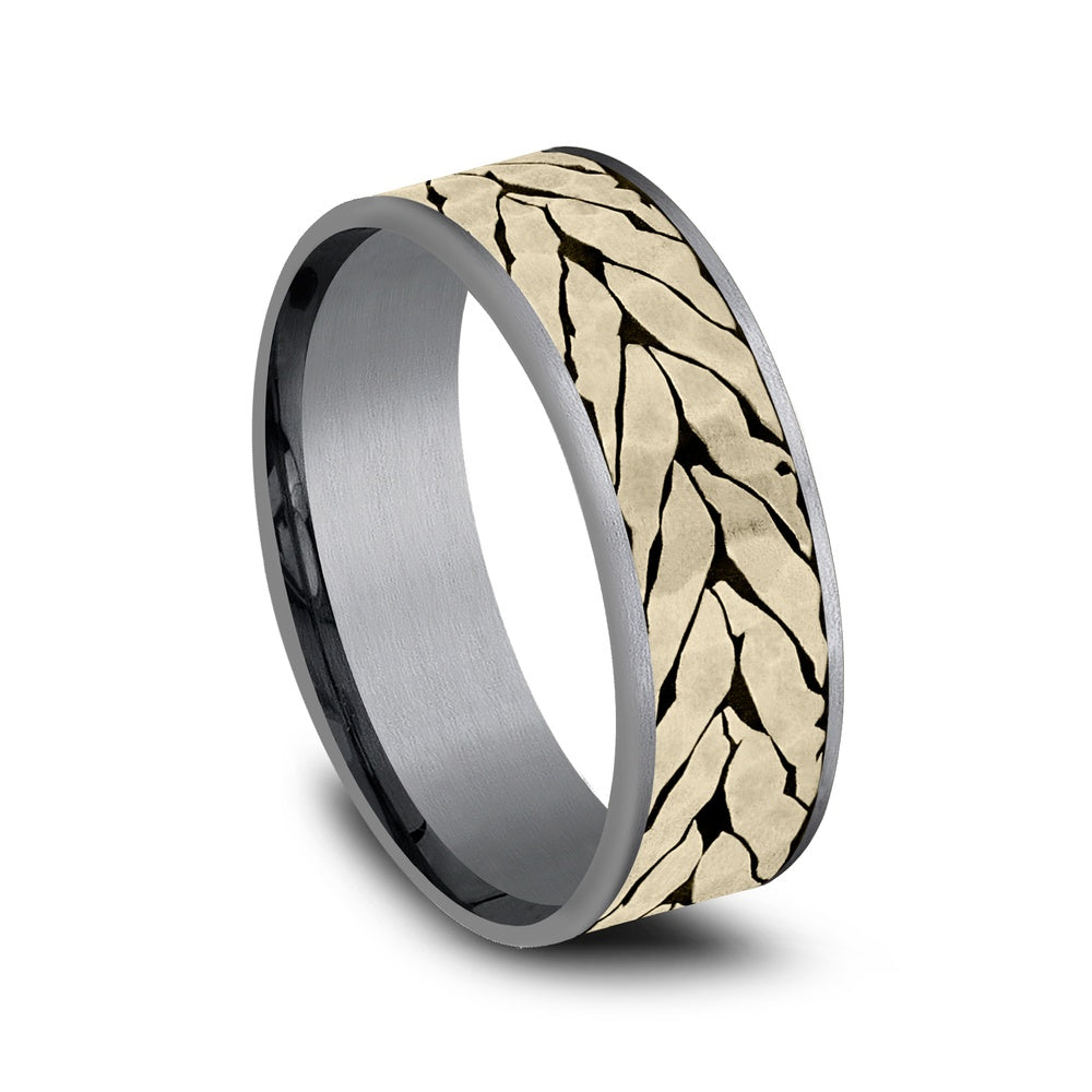 The Medallion Men's Wedding Band in Grey Tantalum and 14K Yellow Gold - 7.5mm Width by Ammara Stone