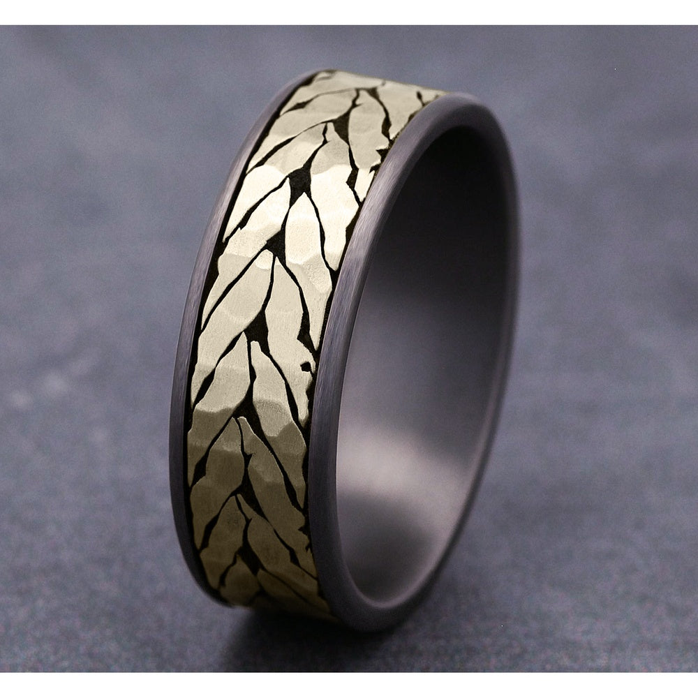 The Medallion Men's Wedding Band in Grey Tantalum and 14K Yellow Gold - 7.5mm Width by Ammara Stone