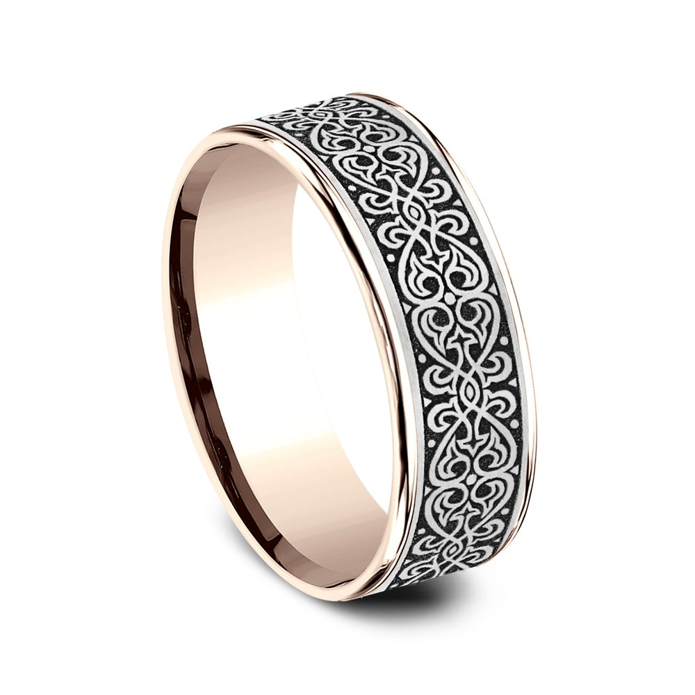 The Mihrab Men's Wedding Band in 14K Rose Gold and Grey/Black Titanium - 7.5mm Width by Ammara Stone