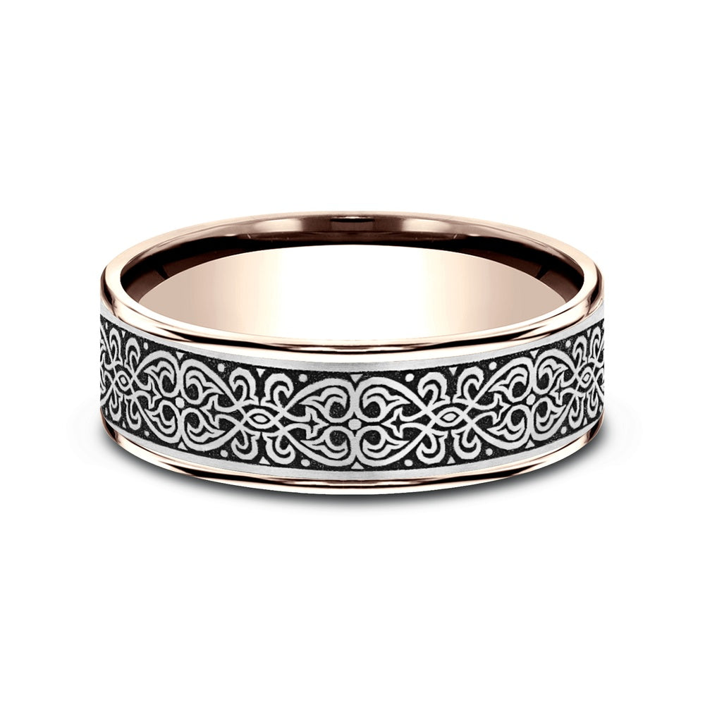 The Mihrab Men's Wedding Band in 14K Rose Gold and Grey/Black Titanium - 7.5mm Width by Ammara Stone
