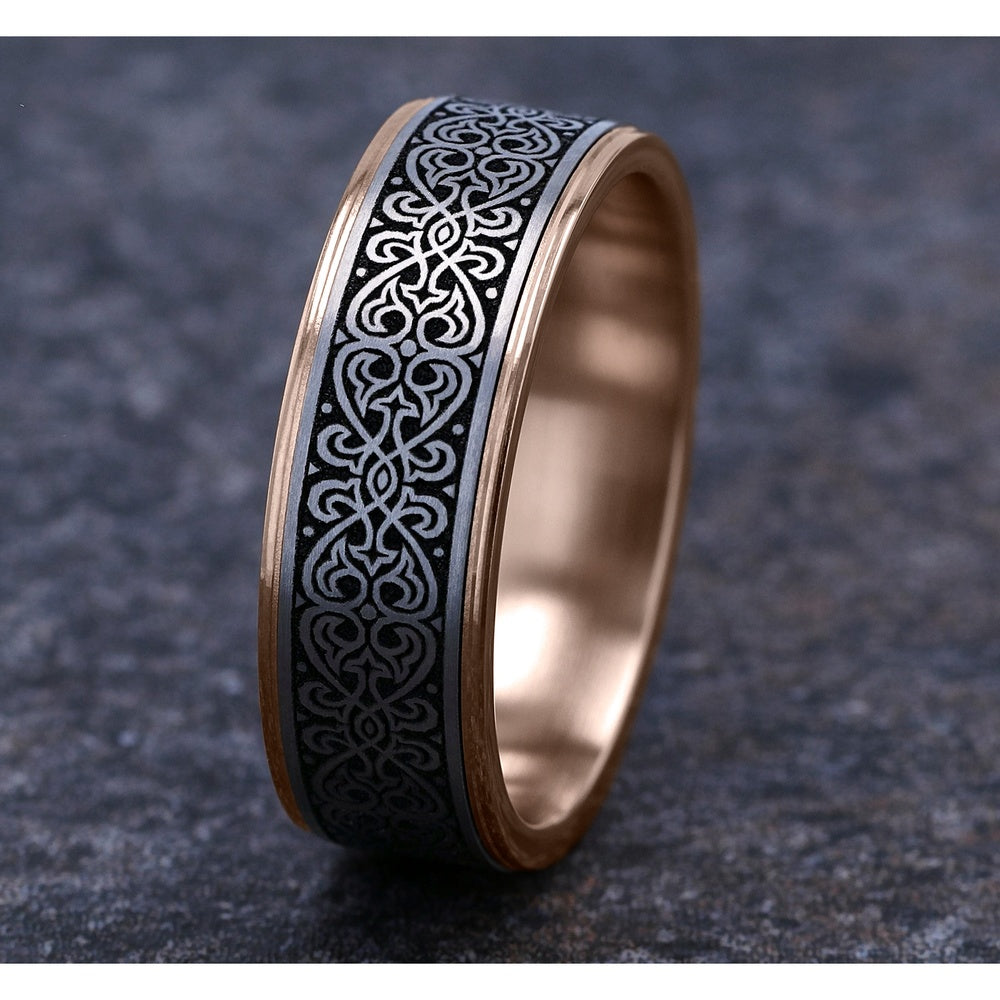 The Mihrab Men's Wedding Band in 14K Rose Gold and Grey/Black Titanium - 7.5mm Width by Ammara Stone