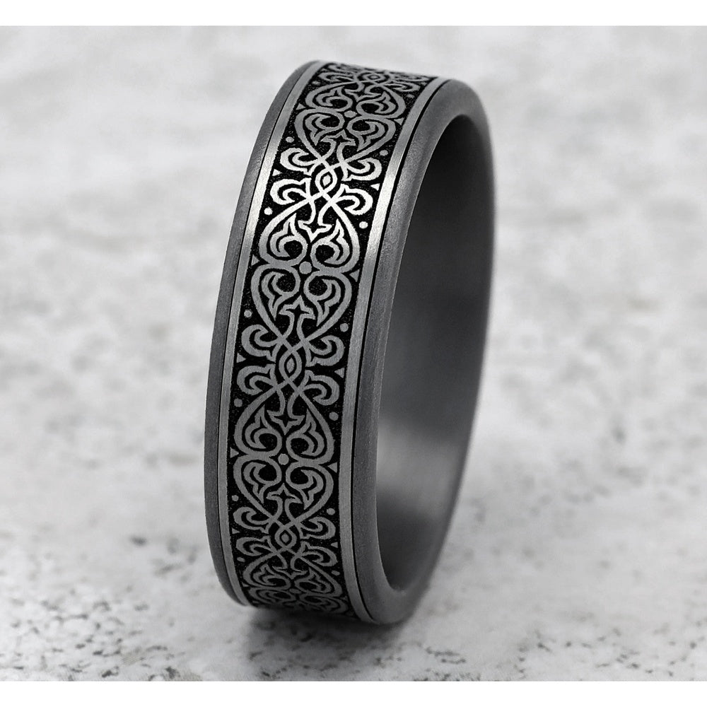 The Mihrab Men's Wedding Band in Grey Tantalum and Grey/Black Titanium - 7.5mm Width by Tantalum