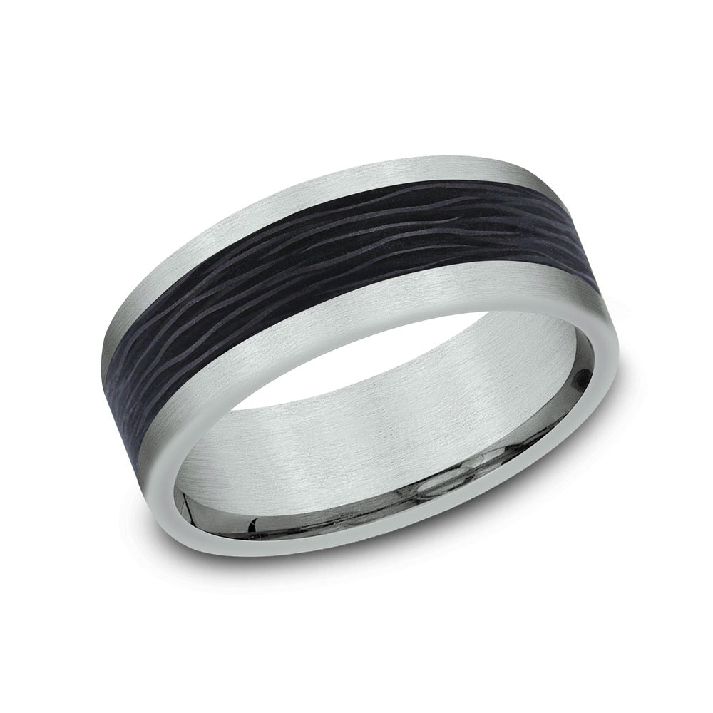 The Nocturne Men's Wedding Band in 14K White Gold and Forged Carbon Fiber - 8mm Width by Ammara Stone