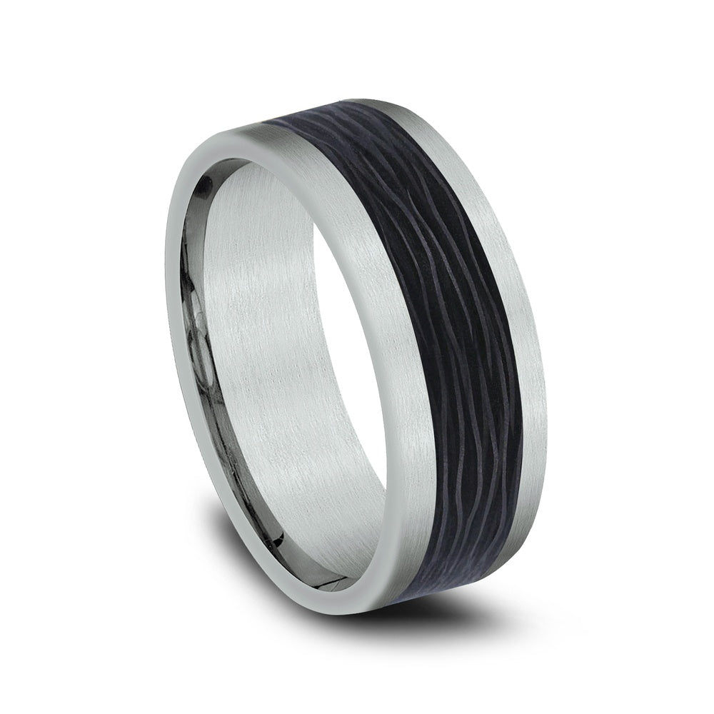 The Nocturne Men's Wedding Band in 14K White Gold and Forged Carbon Fiber - 8mm Width by Ammara Stone