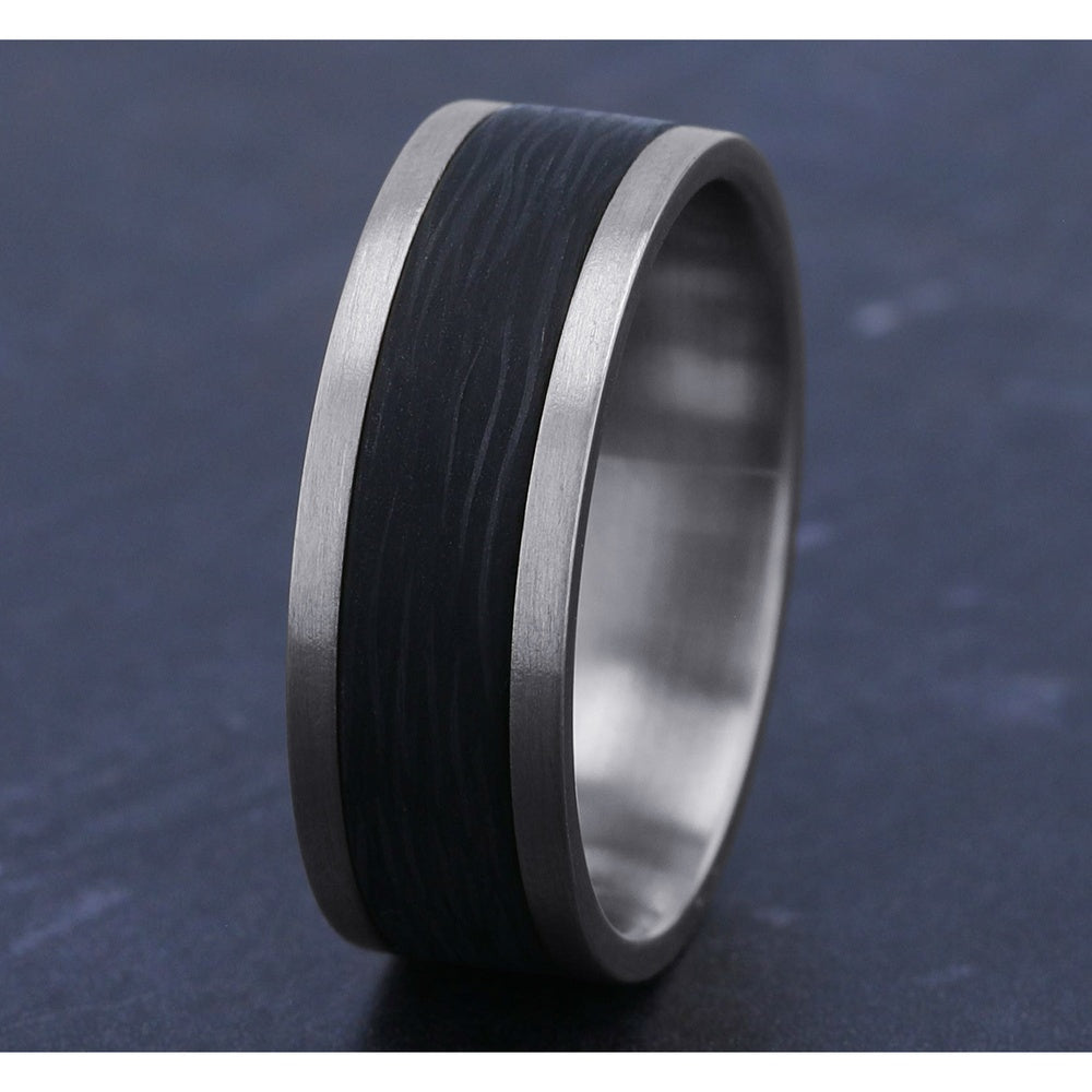 The Nocturne Men's Wedding Band in 14K White Gold and Forged Carbon Fiber - 8mm Width by Ammara Stone