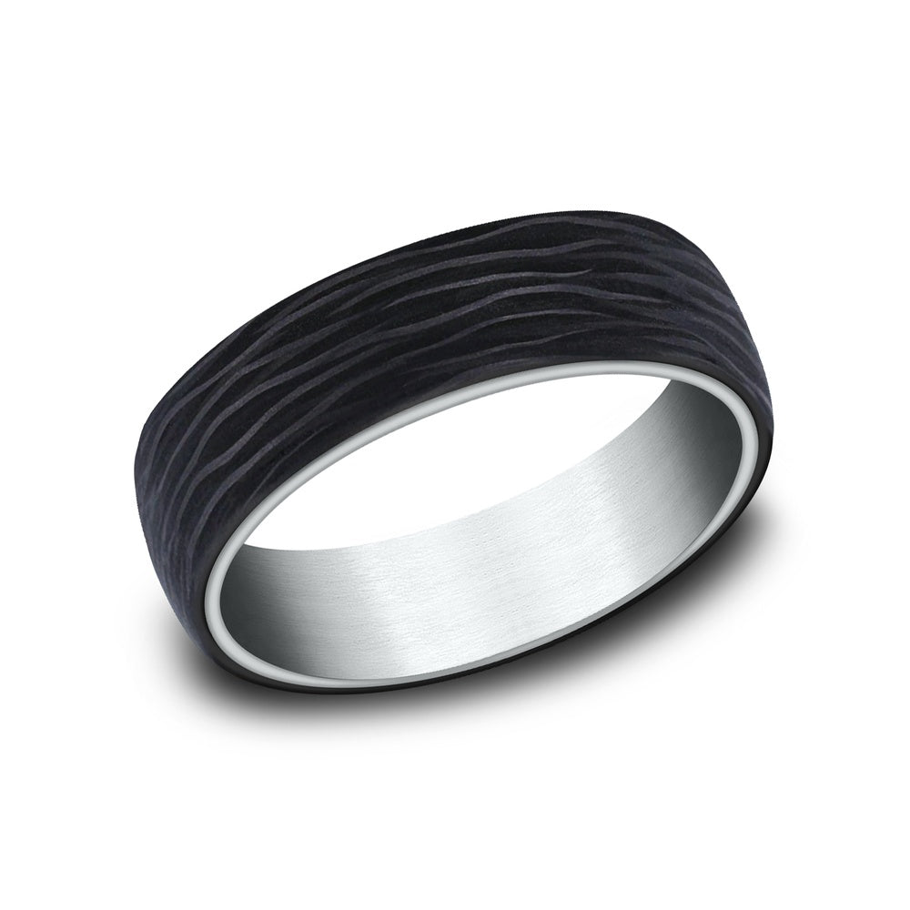 The NYX Men's Wedding Band in 14K White Gold and Forged Carbon Fiber - 6.5mm Width by Ammara Stone