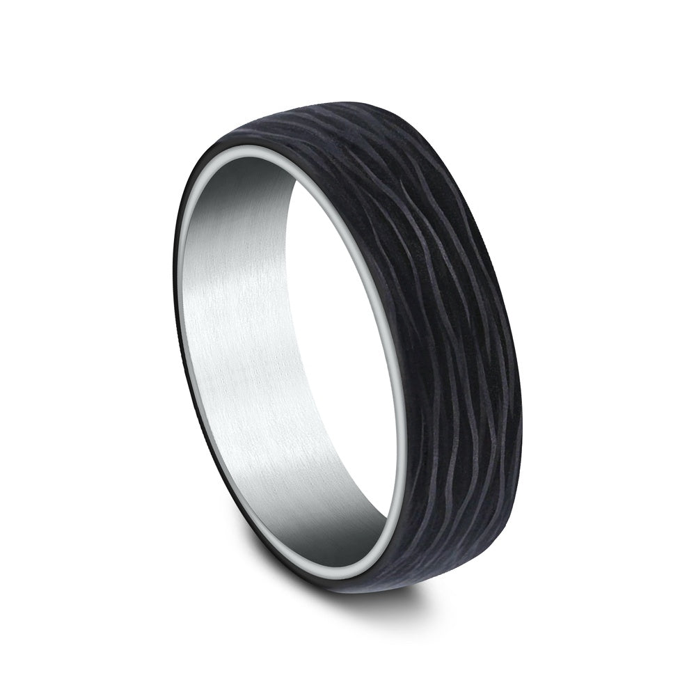 The NYX Men's Wedding Band in 14K White Gold and Forged Carbon Fiber - 6.5mm Width by Ammara Stone