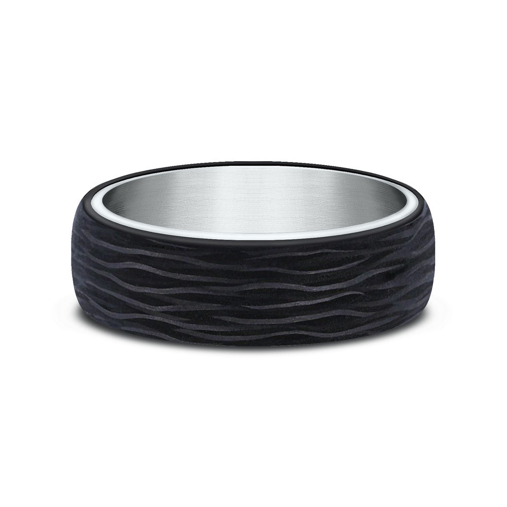 The NYX Men's Wedding Band in 14K White Gold and Forged Carbon Fiber - 6.5mm Width by Ammara Stone
