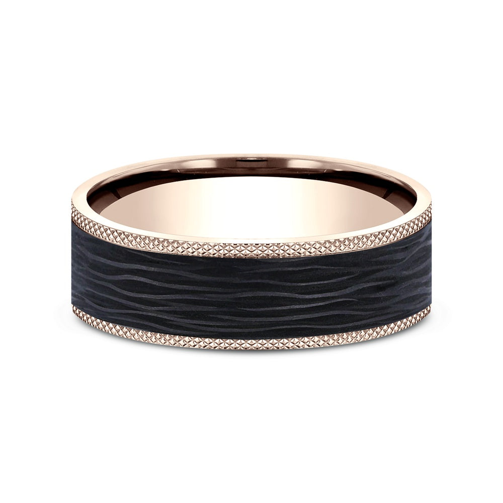 The Obsidian Men's Wedding Band in 14K Rose Gold and Forged Carbon Fiber - 7mm Width by Ammara Stone