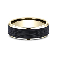 The Onyx Men's Wedding Band in 14K Yellow Gold and Forged Carbon Fiber - 7mm Width by Ammara Stone