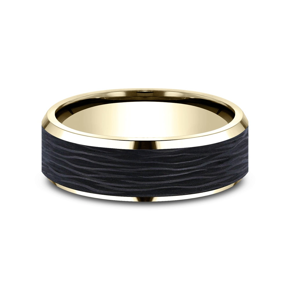 The Onyx Men's Wedding Band in 14K Yellow Gold and Forged Carbon Fiber - 7mm Width by Ammara Stone