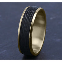 The Onyx Men's Wedding Band in 14K Yellow Gold and Forged Carbon Fiber - 7mm Width by Ammara Stone